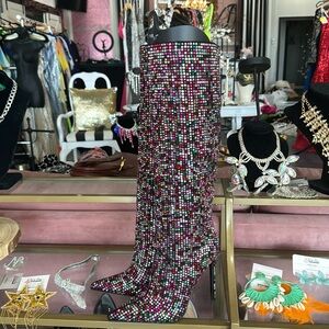 Izzy Multicolored rhinestone boots that come to your knee by Azalea Wang.